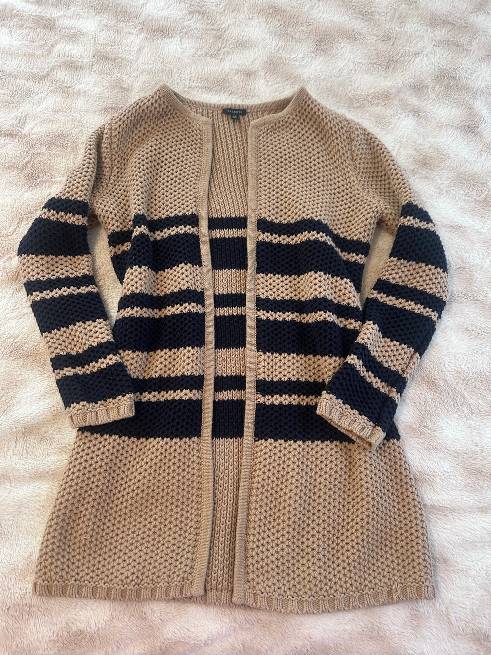 Talbots Striped Open-Front Cardigan - Tan and Dark Blue